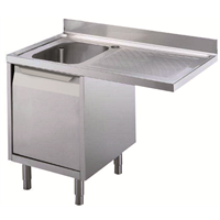 Standard werktafels - Spoeltafel voor afwasmachine 1200 mm, opstaande rand, 1 spoelbak links, draaideurkast