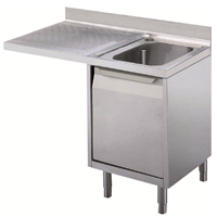 Standard werktafels - Spoeltafel voor afwasmachine 1200 mm, opstaande rand, 1 spoelbak rechts, draaideurkast