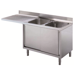 Rozsdamentes acél előkészítő bútorok2 medencés mosogató elem mosogatógéphez, szekrénnyel, bal oldali csepegtetővel,1800mm