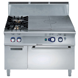 Modulaire bereidingsapparatuur900XP Fornuis, gas kookplaat 10,5 kW, 2 open branders, 6 kW, 10 kW, gas convectie oven, bergkast