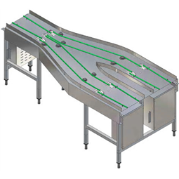 Manipulační stoly k tunelovým košovým myčkámŘemenový dopravník na podnosy, slučovací uzel 