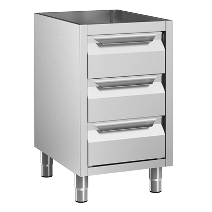 CASSETTIERA INOX AISI 304 A 3 CASSETTI CON ALZATINA, ANGOLO