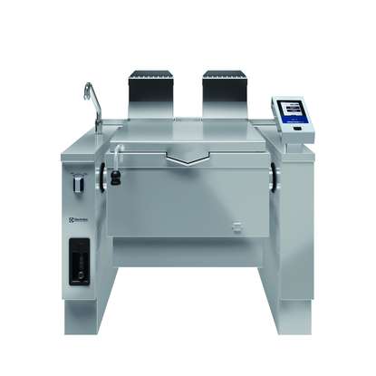 Brasiera a gas basculante, 90 lt. (h), alzatina, funzione cond.vapore e sonda di temp., carico autom. acqua calda/fredda c/rubinetto, doccetta, kit chiusura posteriore, pannello comandi esterno integr