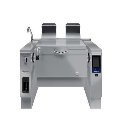 Brasiera a gas basculante, con fondo in compound, 90 lt. (h), carico automatico acqua calda/fredda con rubinetto, doccetta, kit di chiusura posteriore.