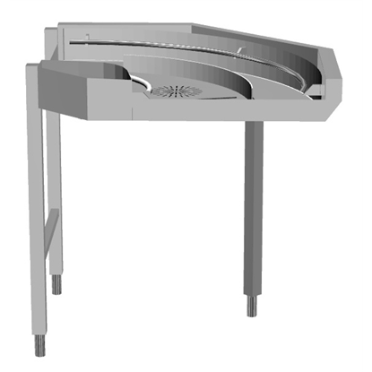 Manipulační stoly k tunelovým košovým myčkámVýstupní otočka 90°, mechanicky poháněná myčkou - levotočivá (P>L)