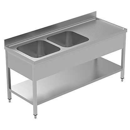 PLUS – Static Preparation 1800 mm Sink Unit with 2 Bowls and with Shelf – Right Drain