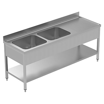 PLUS – Static Preparation 2100 mm Sink Unit with 2 Bowls and with Shelf – Right Drain