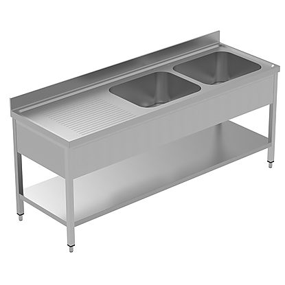 PLUS – Static Preparation 2100 mm Sink Unit with 2 Bowls and with Shelf – Left Drain