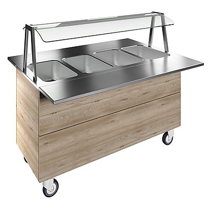 Flexy Compact Bain-marie, four wells (4GN) with wheels H=900mm, overshelf with LED lights