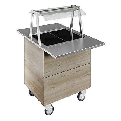 Flexy Compact Tempered glass top on cupboard (2GN) with wheels, overshelf with hot lights, H=900mm