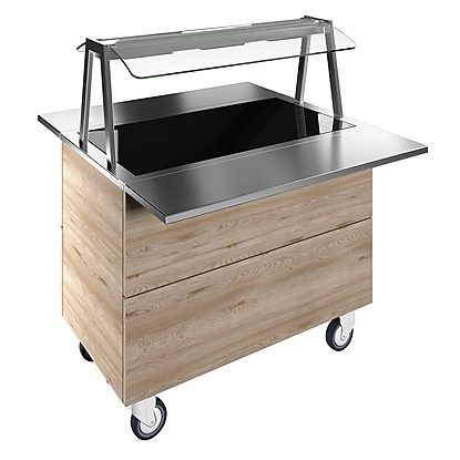 Flexy Compact Tempered glass top on cupboard (3GN) with wheels, overshelf with hot lights, H=900mm