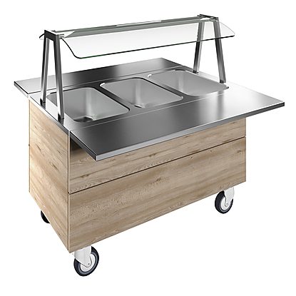 Flexy Compact Bain-marie, three wells (3GN) with wheels H=750mm, overshelf with LED lights