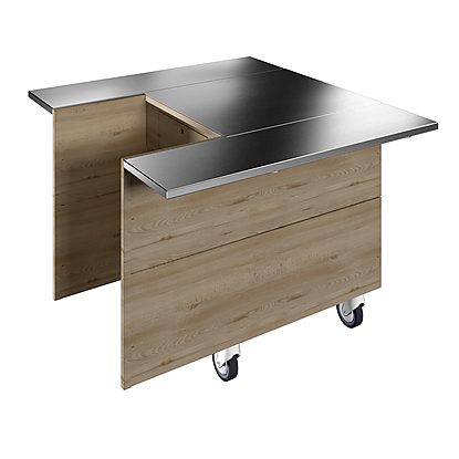 Flexy Compact Cashier Unit with wheels and two stainless steel tray sliders, H=900mm