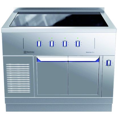 Modular Cooking Range Line thermaline 85 – 4 Zone Full Surface Induction Top on Warming Cabinet, 1 Side, Backsplash