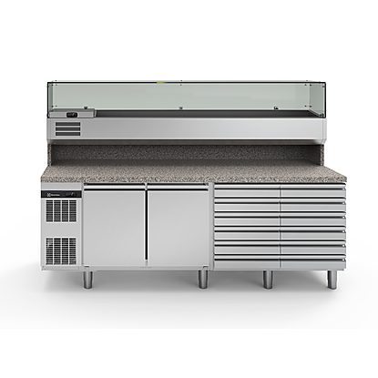 Pizza counters 2-door and 12-drawer Refrigerated Counter with Show Case