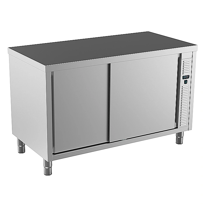 Preparazione Statica Standard<br>Tavolo armadiato caldo passante, ventilato, con 1 ripiano e 4 porte scorrevoli, da 1200 mm