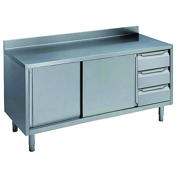 Preparazione Statica Standard<br>Tavolo con alzatina 3 cassetti lato destro e 2 porte scorrevoli, 1600 mm
