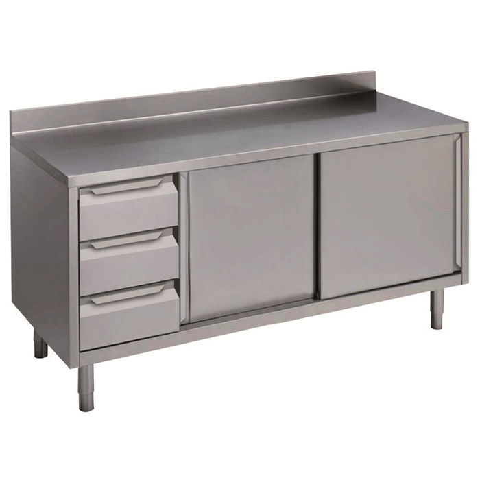 Preparazione Statica Standard<br>Tavolo con alzatina 3 cassetti lato sinistro e 2 porte scorrevoli, 1600mm