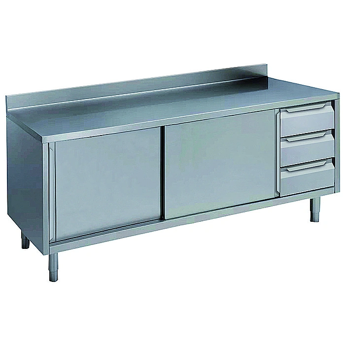 Preparazione Statica Standard<br>Tavolo con alzatina 3 cassetti lato destro e 2 porte scorrevoli, 2000mm