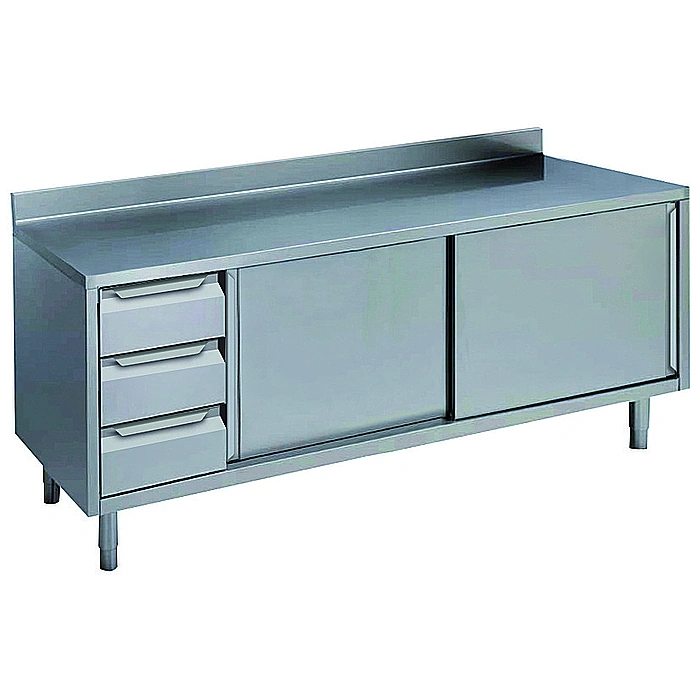 Preparazione Statica Standard<br>Tavolo con alzatina 3 cassetti lato sinistro e 2 porte scorrevoli, 2000mm