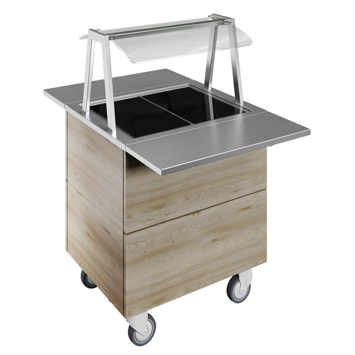 Idea<br>Tempered glass top on cupboard (2GN) with wheels, overshelf with LED lights, H=900mm
