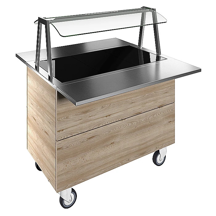 Idea<br>Piano caldo in vetro temperato su base armadiata per 3 bacinelle GN con ruote, luci LED, H=900mm