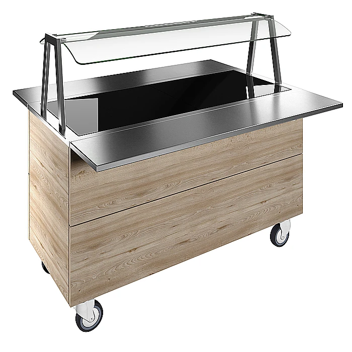 Idea<br>Piano caldo in vetro temperato su base armadiata per 4 bacinelle GN con ruote, luci LED, H=900mm