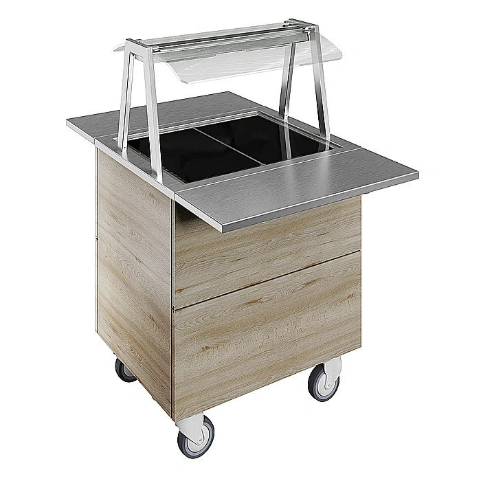 Flexy Compact<br>Piano caldo in vetro temperato su base armadiata per 2 bacinelle GN con ruote, luci calde, H=900mm