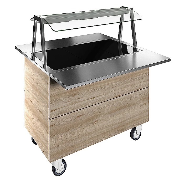 Flexy Compact<br>Piano caldo in vetro temperato su base armadiata per 3 bacinelle GN con ruote, luci calde, H=900mm