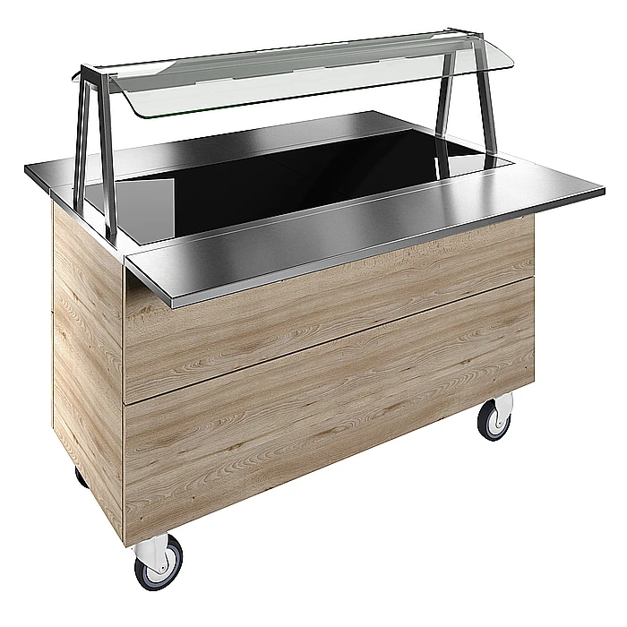 Flexy Compact<br>Piano caldo in vetro temperato su base armadiata per 4 bacinelle GN con ruote, luci calde, H=900mm