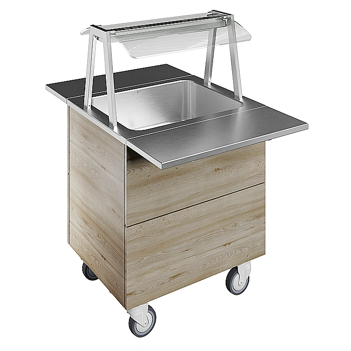 Idea<br>Bagnomaria ad acqua su base armadiata con una vasca per 2 bacinelle GN con ruote, luci calde, H=900m