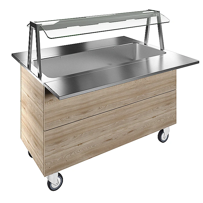 Flexy Compact<br>Bagnomaria ad acqua su base armadiata con una vasca per 4 bacinelle GN con ruote, luci calde, H=900m