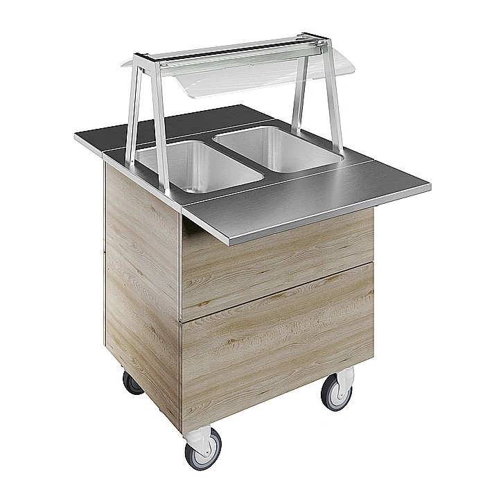 Flexy Compact<br>Bagnomaria ad acqua su base armadiata con due vasche per 2 bacinelle GN con ruote, luci calde, H=900