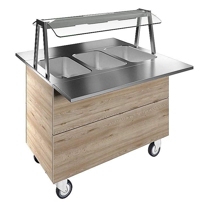 Flexy Compact<br>Bagnomaria ad acqua su base armadiata con tre vasche per 3 bacinelle GN con ruote, luci calde, H=900