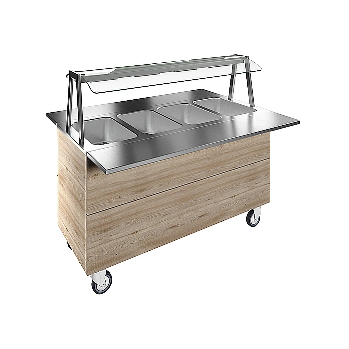Flexy Compact<br>Bagnomaria ad acqua su base armadiata con quattro vasche per 4 bacinelle GN con ruote, luci calde, H