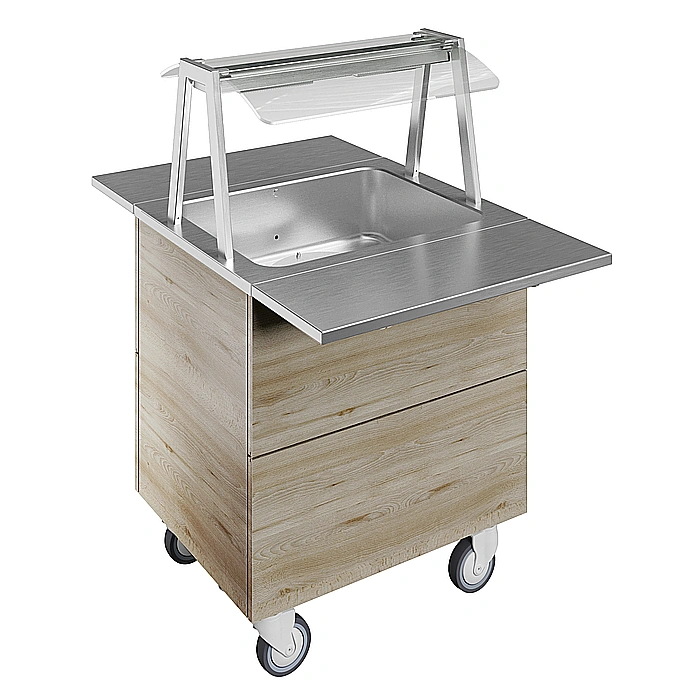 Idea<br>Bagnomaria ad aria, ventilato, su base armadiata con una vasca per 2 bacinelle GN, ruote, luci calde