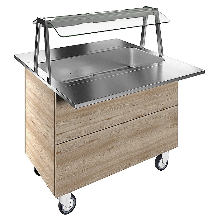 Flexy Compact<br>Bagnomaria ad aria, ventilato, su base armadiata con una vasca per 3 bacinelle GN, ruote, luci calde
