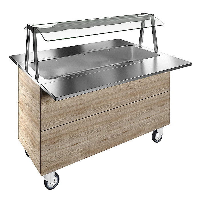 Idea<br>Bagnomaria ad aria, ventilato, su base armadiata con una vasca per 4 bacinelle GN, ruote, luci calde