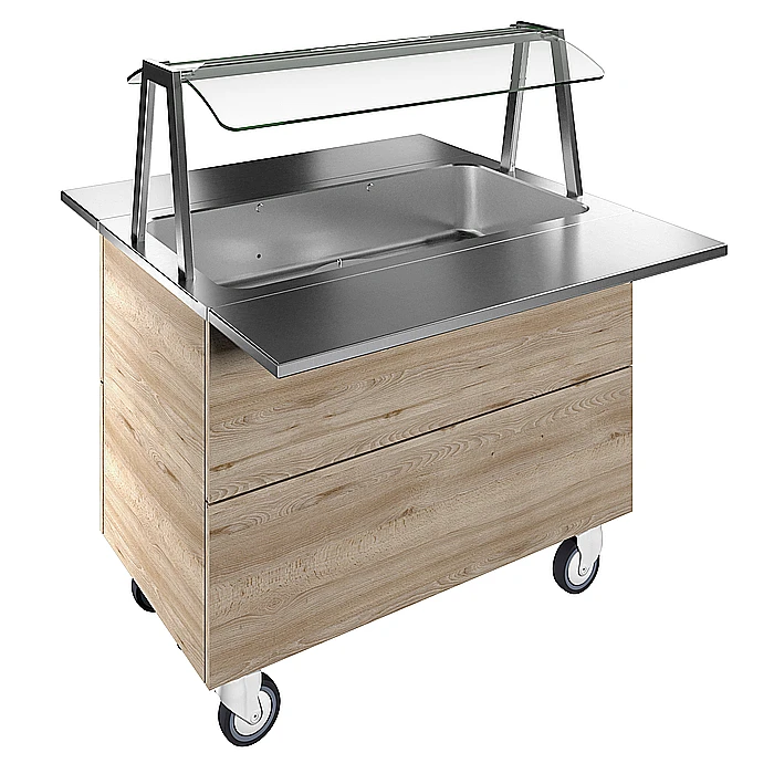 Flexy Compact<br>Vasca refrigerata su base armadiata, statica con ventola, per 3 bacinelle GN con ruote, luci LED, H=