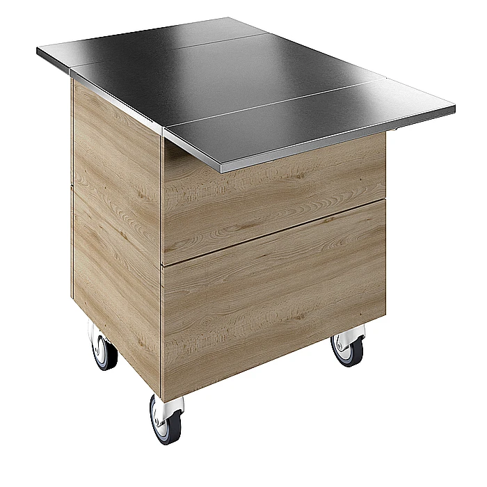 Flexy Compact<br>Elemento neutro su base armadiata per 2 bacinelle GN con ruote e due scorrivassoi in acciaio inox, H