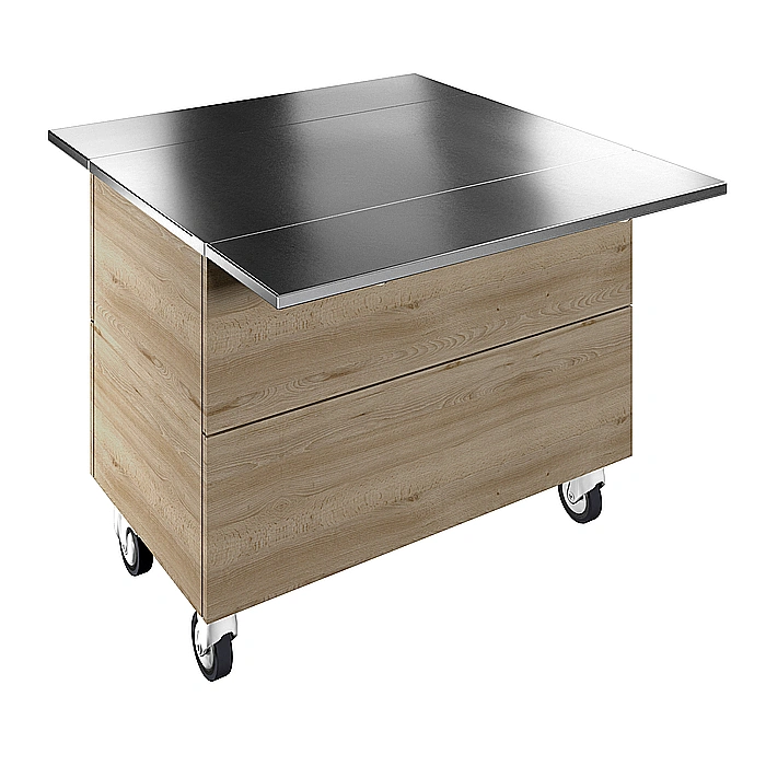 Flexy Compact<br>Elemento neutro su base armadiata per 3 bacinelle GN con ruote e due scorrivassoi in acciaio inox, H