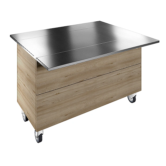 Flexy Compact<br>Elemento neutro su base armadiata per 4 bacinelle GN con ruote e due scorrivassoi in acciaio inox, H