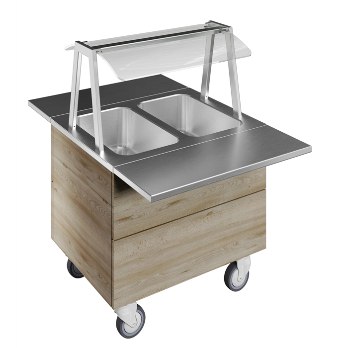 Idea<br>Bagnomaria ad acqua su base armadiata con due vasche per 2 bacinelle GN con ruote, luci LED, H=750mm