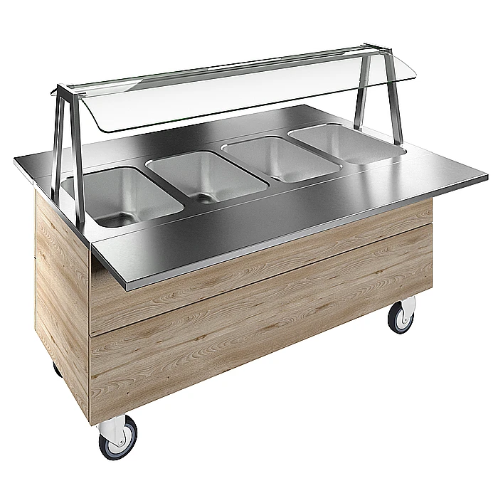 Flexy Compact<br>Bagnomaria ad acqua su base armadiata con quattro vasche per 4 bacinelle GN con ruote, luci LED, H=7