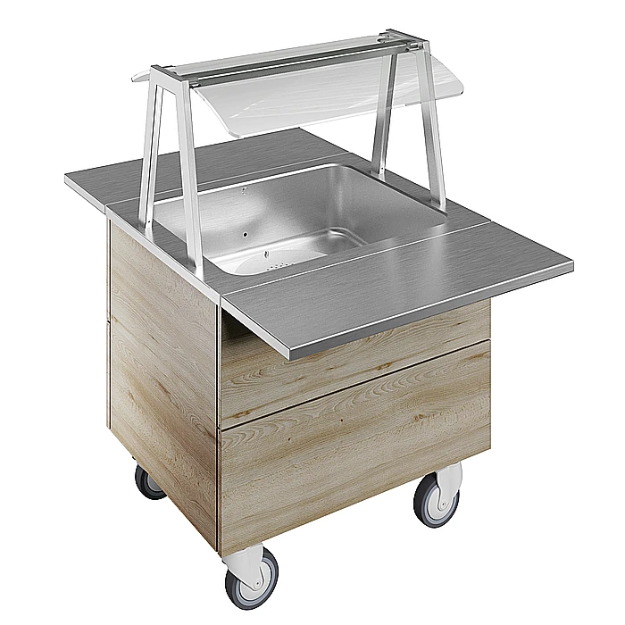 Flexy Compact<br>Bagnomaria ad aria, ventilato, su base armadiata con una vasca per 2 bacinelle GN, con ruote, luci L