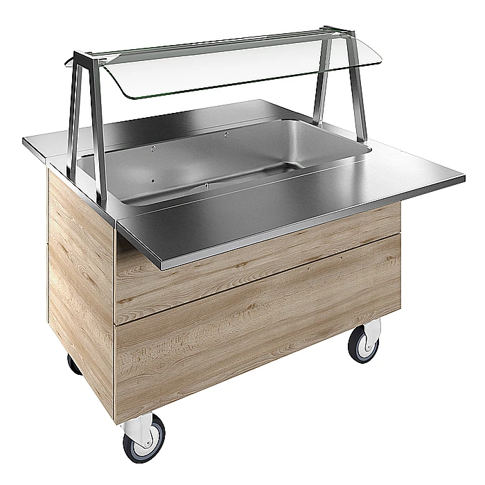 Flexy Compact<br>Bagnomaria ad aria, ventilato, su base armadiata con una vasca per 3 bacinelle GN, con ruote, luci L