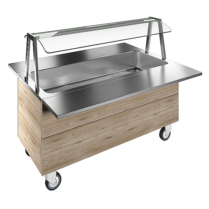 Idea<br>Bagnomaria ad aria, ventilato, su base armadiata con una vasca per 4 bacinelle GN, con ruote, H=750m