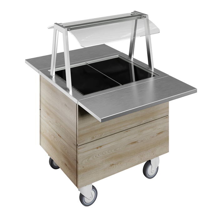 Idea<br>Tempered glass top on cupboard (2GN) with wheels, overshelf with LED lights, H=750mm