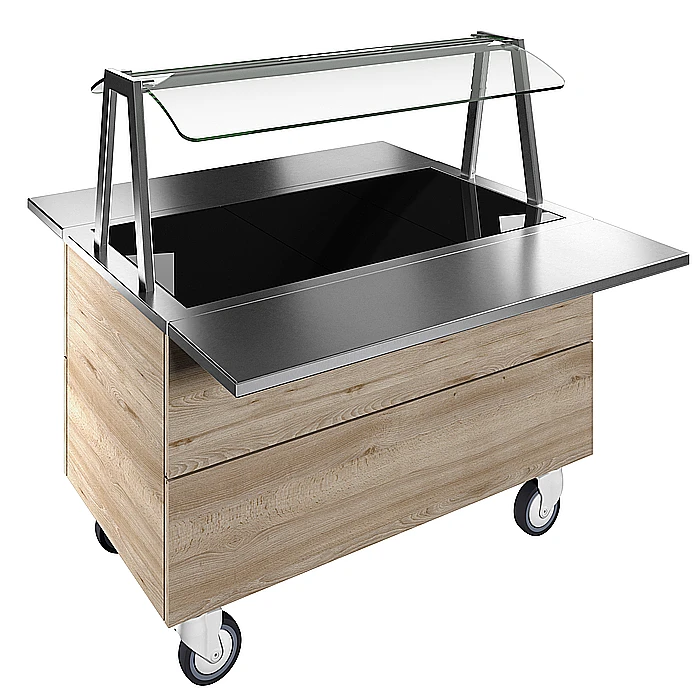 Idea<br>Piano caldo in vetro temperato su base armadiata per 3 bacinelle GN con ruote, luci LED, H=750mm