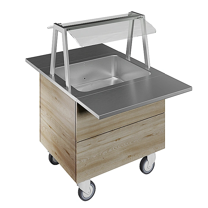 Flexy Compact<br>Vasca refrigerata su base armadiata, statica con ventola, per 2 bacinelle GN con ruote, luci LED, H=